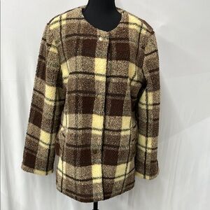 Sanctuary Brown and Cream Teddy Jacket Cozy Plaid Style
